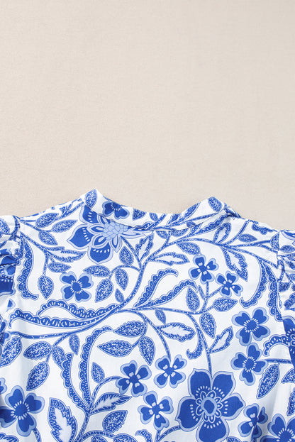 Blue Floral Puff Sleeve Tiered Mini Dress with V Neck