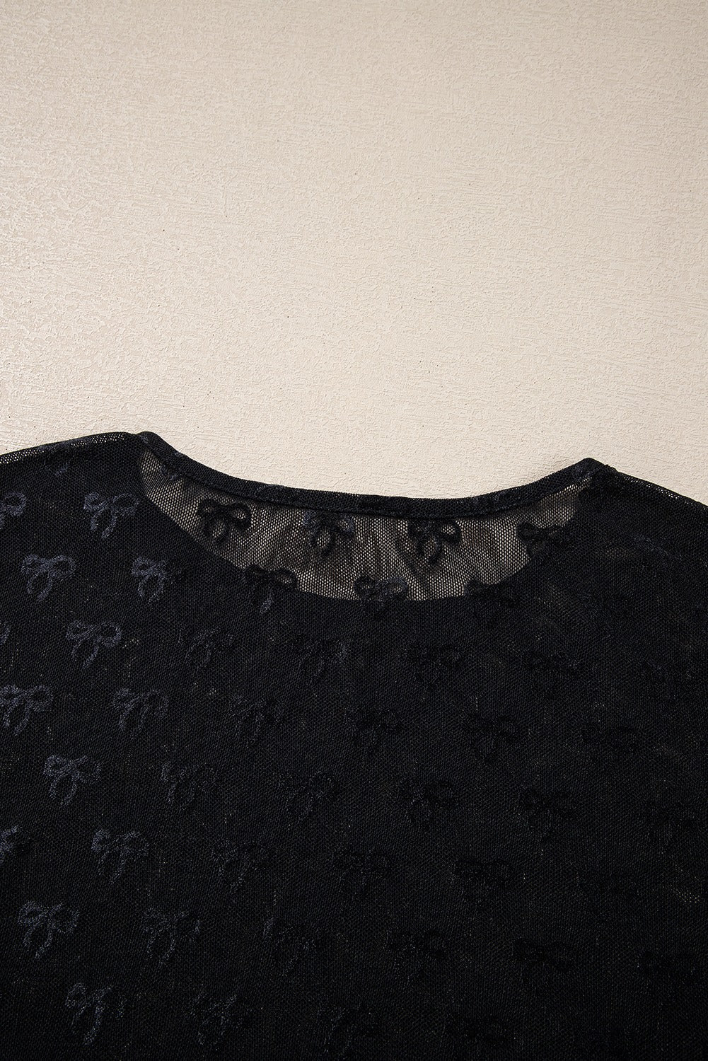 Sheer Mesh Bow Print Long Sleeve Fitted Top