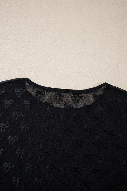 Sheer Mesh Bow Print Long Sleeve Fitted Top