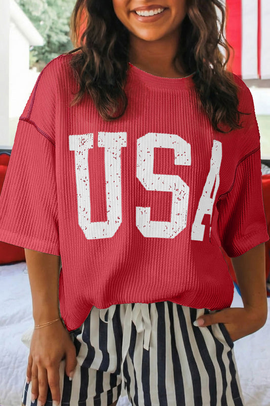 USA Ribbed Graphic Tee Loose Fit Patriotic Top