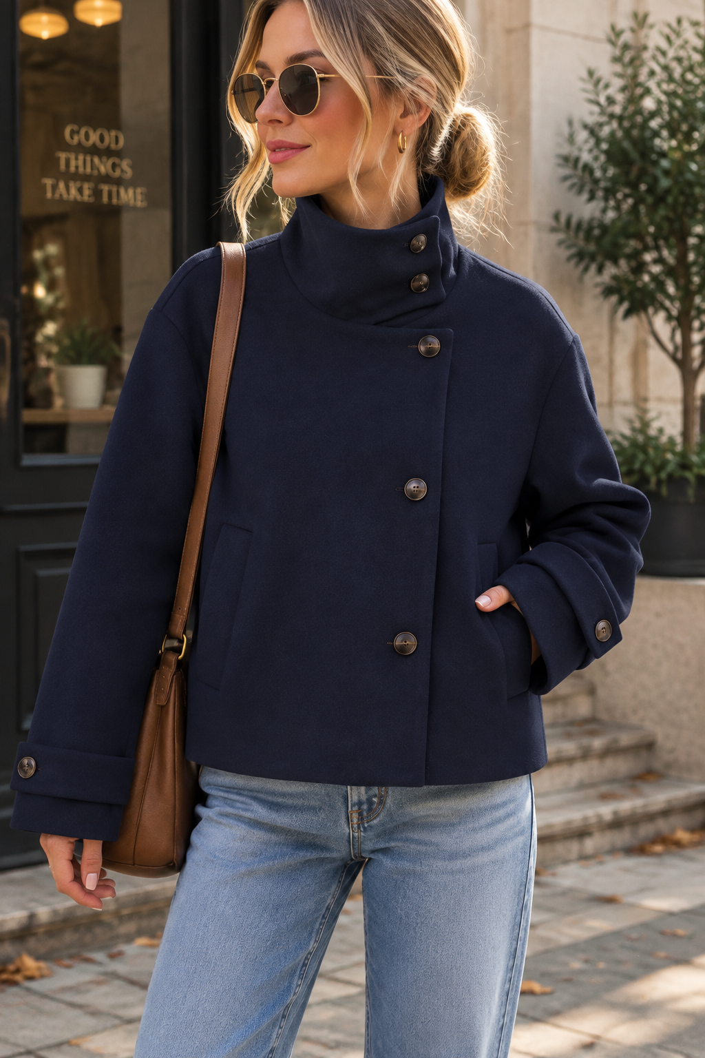 Women's Oversized Stand Collar Wool Blend Cropped Jacket