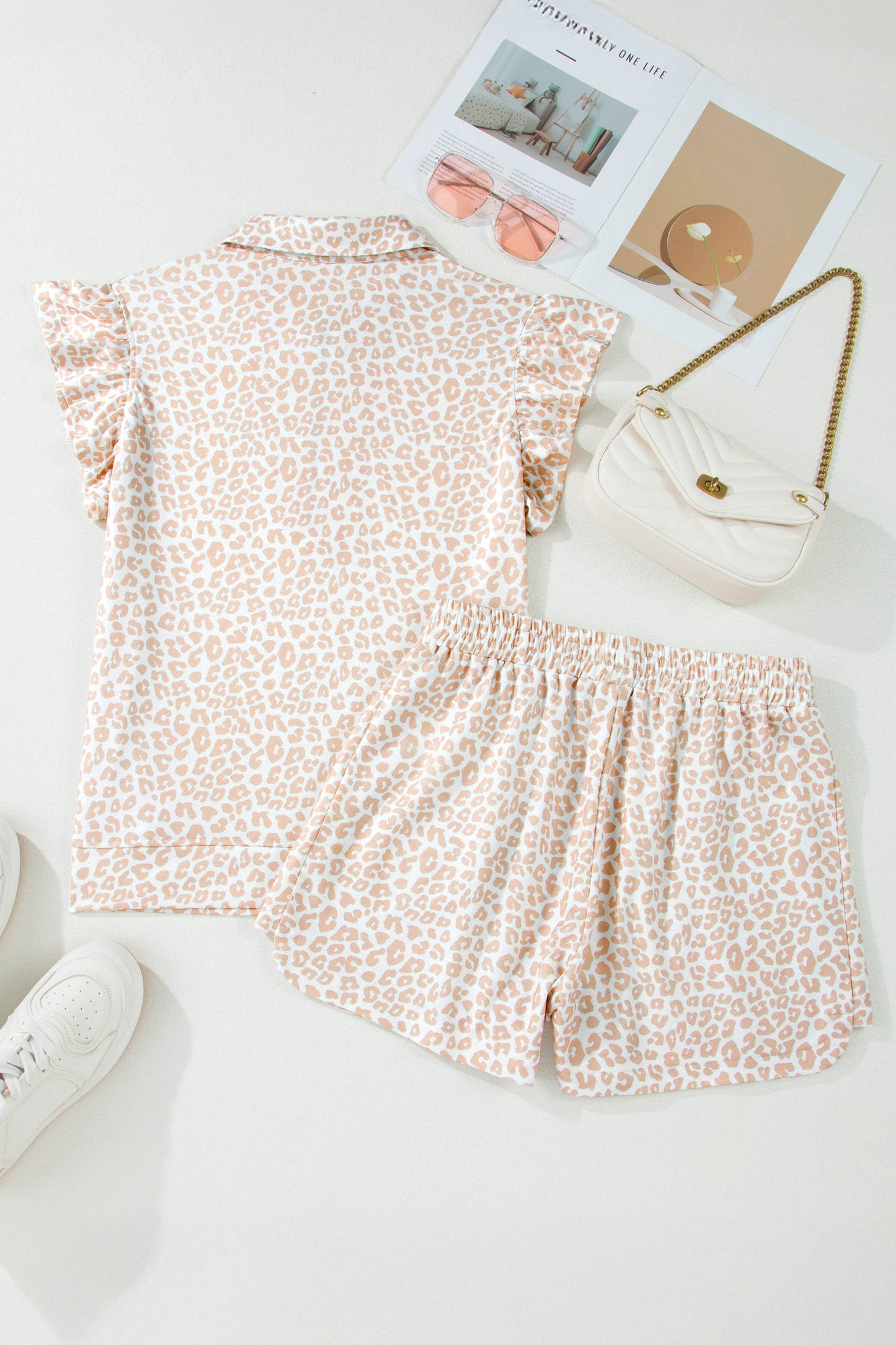 Leopard Ruffle Zip Polo Two Piece Short Set Women