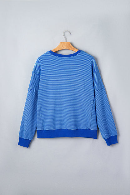 Women's Blue Striped Oversized Crewneck Sweatshirt