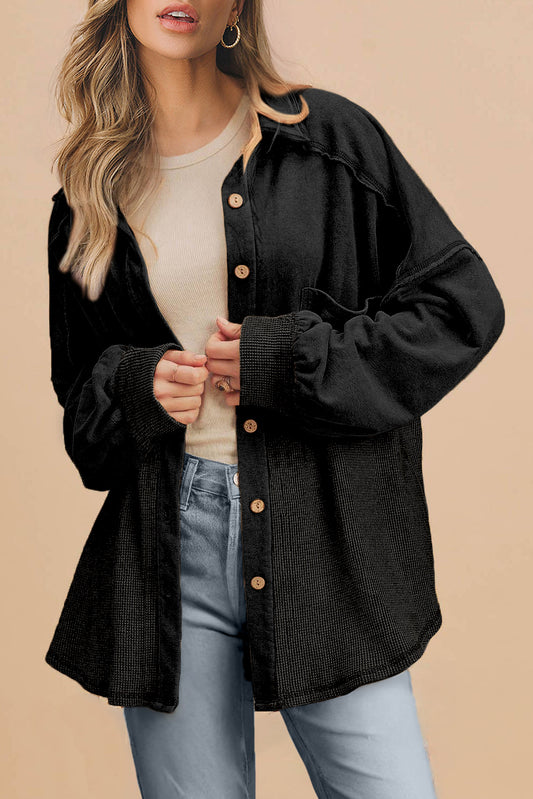 Black Waffle Knit Button Down Shacket Oversized Long Sleeve Top