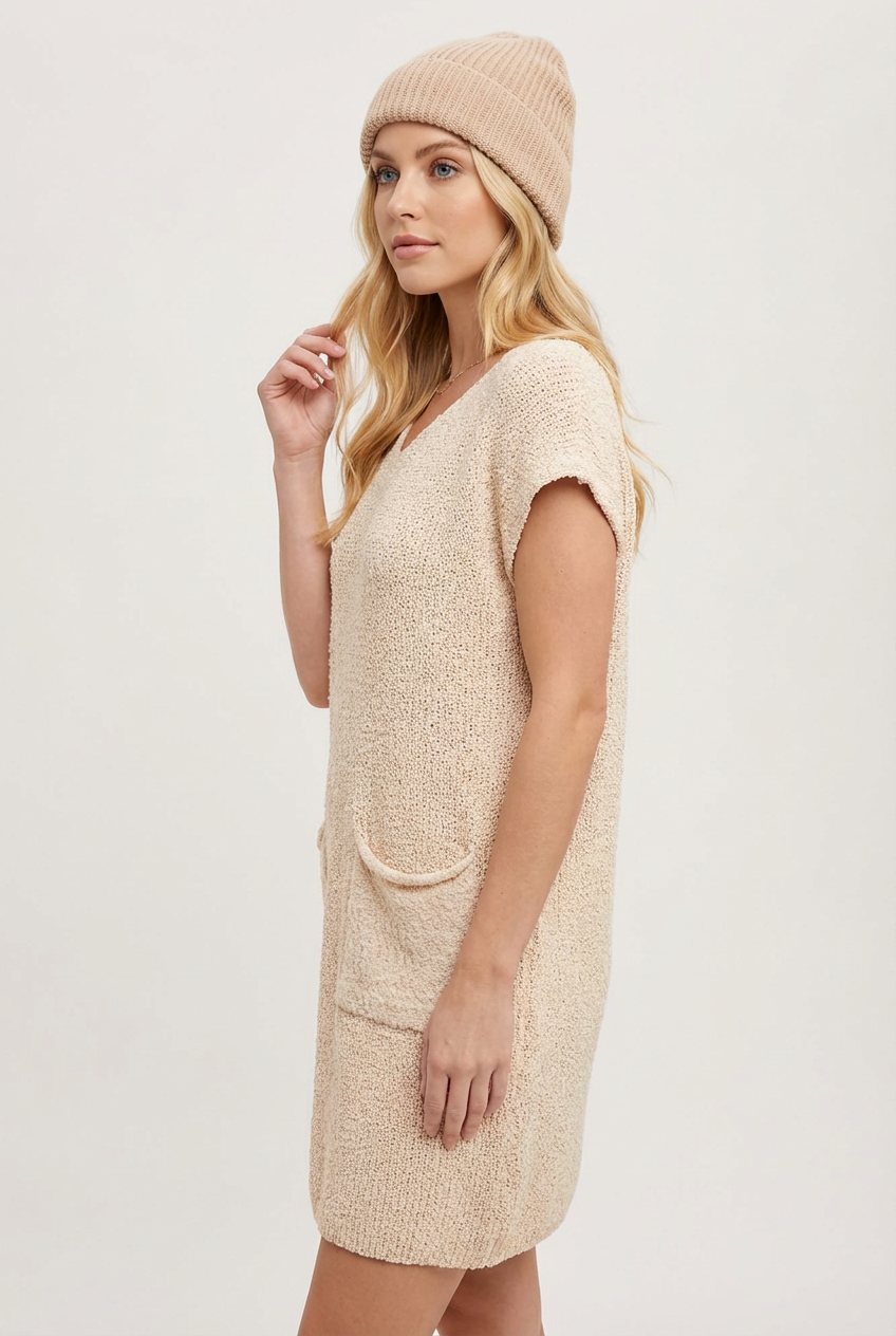 V Neck Knit Sweater Dress with Pockets Casual Cozy