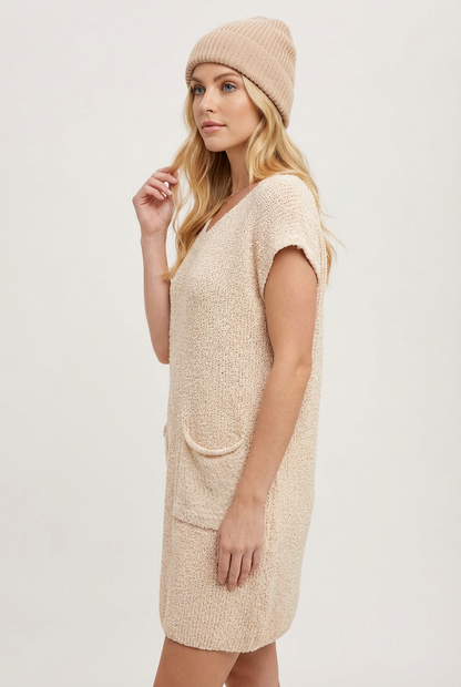 V Neck Knit Sweater Dress with Pockets Casual Cozy