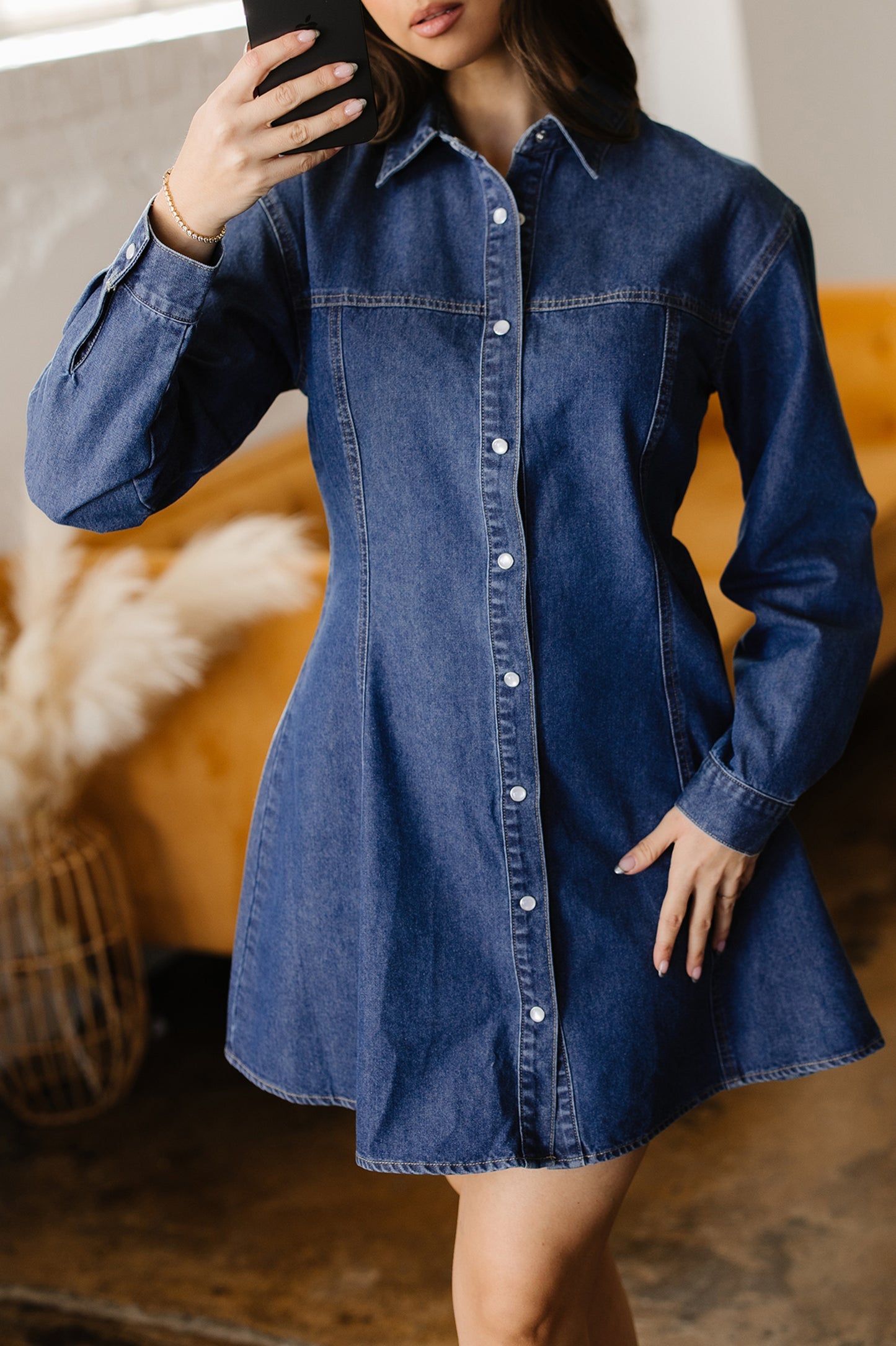 Ashleigh Blue Denim Shirt Collar Long Sleeve Flared Dress