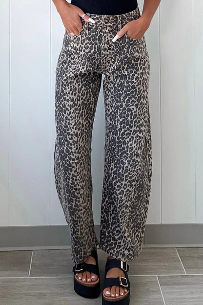 Black Leopard Print High Waist Barrel Leg Jeans