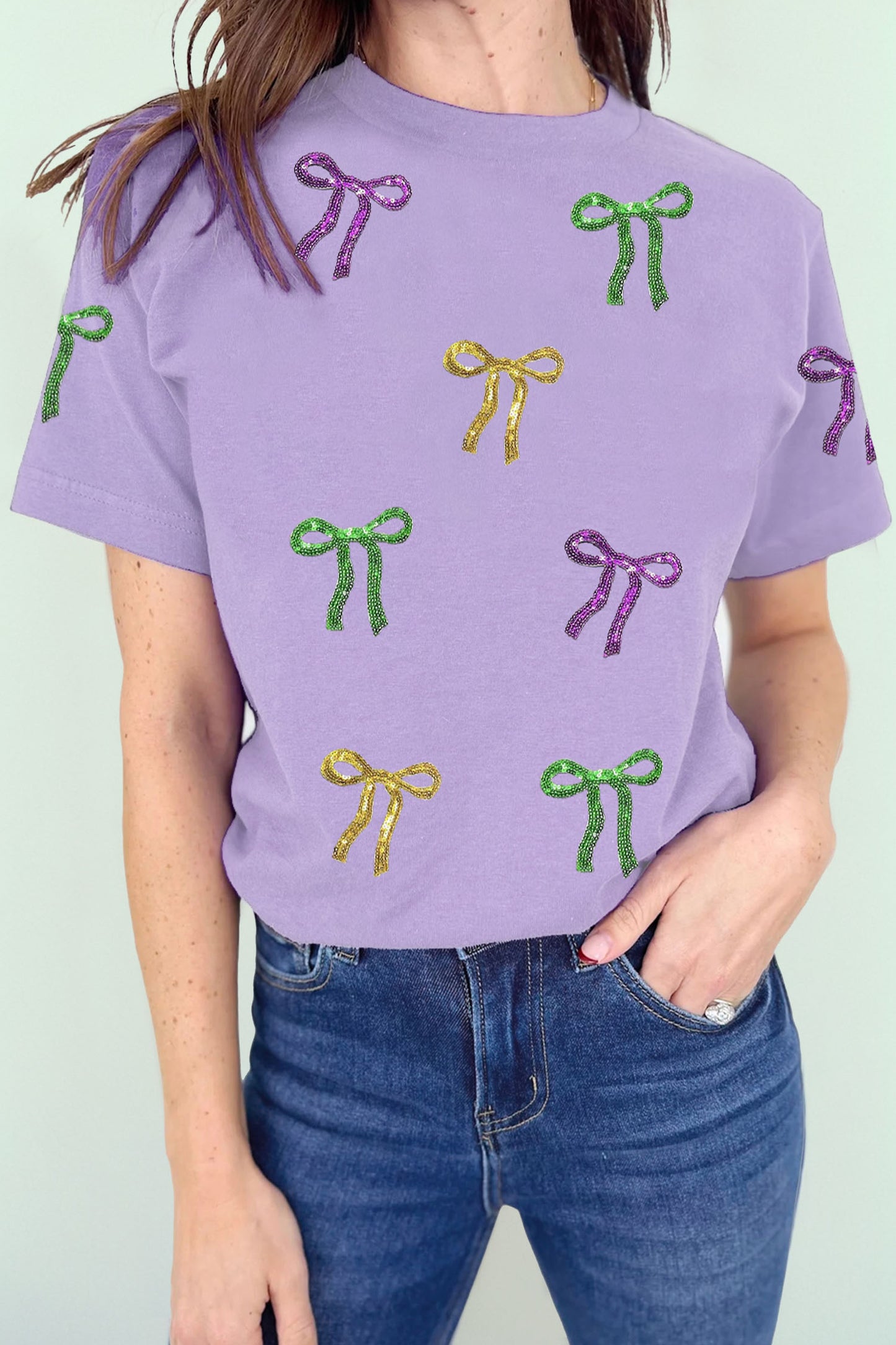 Mardi Gras Wisteria Sequin Bow Graphic Crewneck Tee