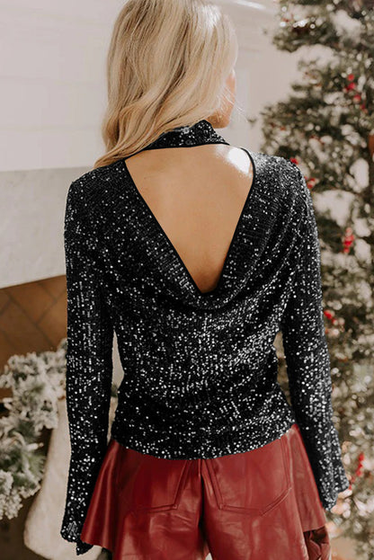 Sparkly Black Sequin Mock Neck Open Back Bell Sleeve Top