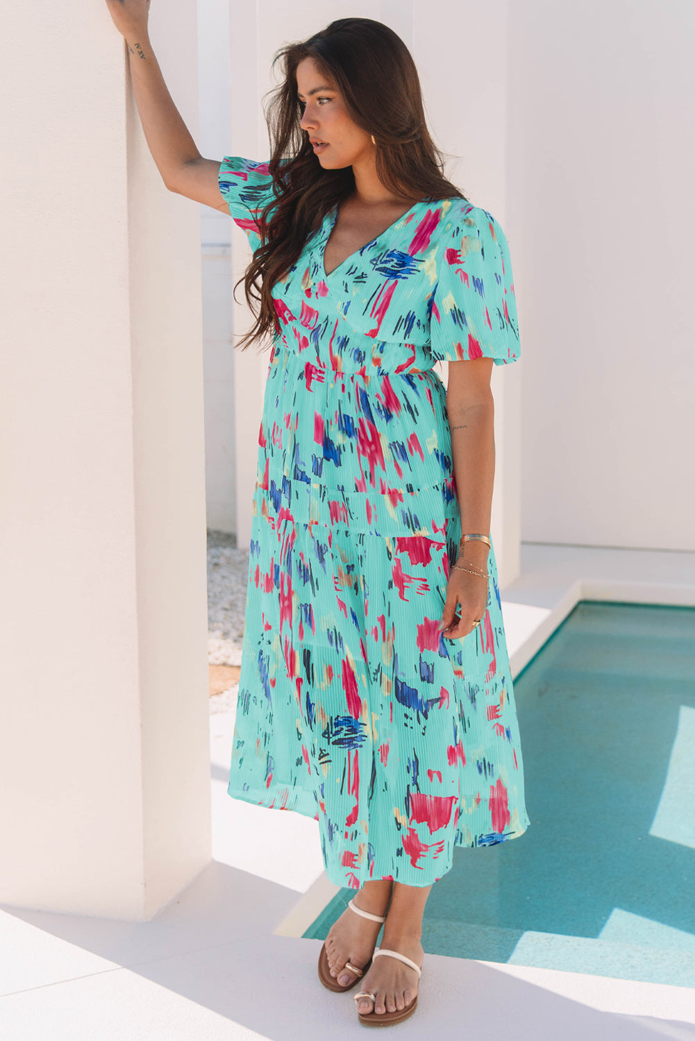 Abstract Print Puff Sleeve V Neck Tiered Maxi Dress
