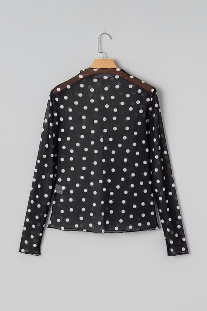 Black Polka Dot Mesh Mock Neck Long Sleeve Top