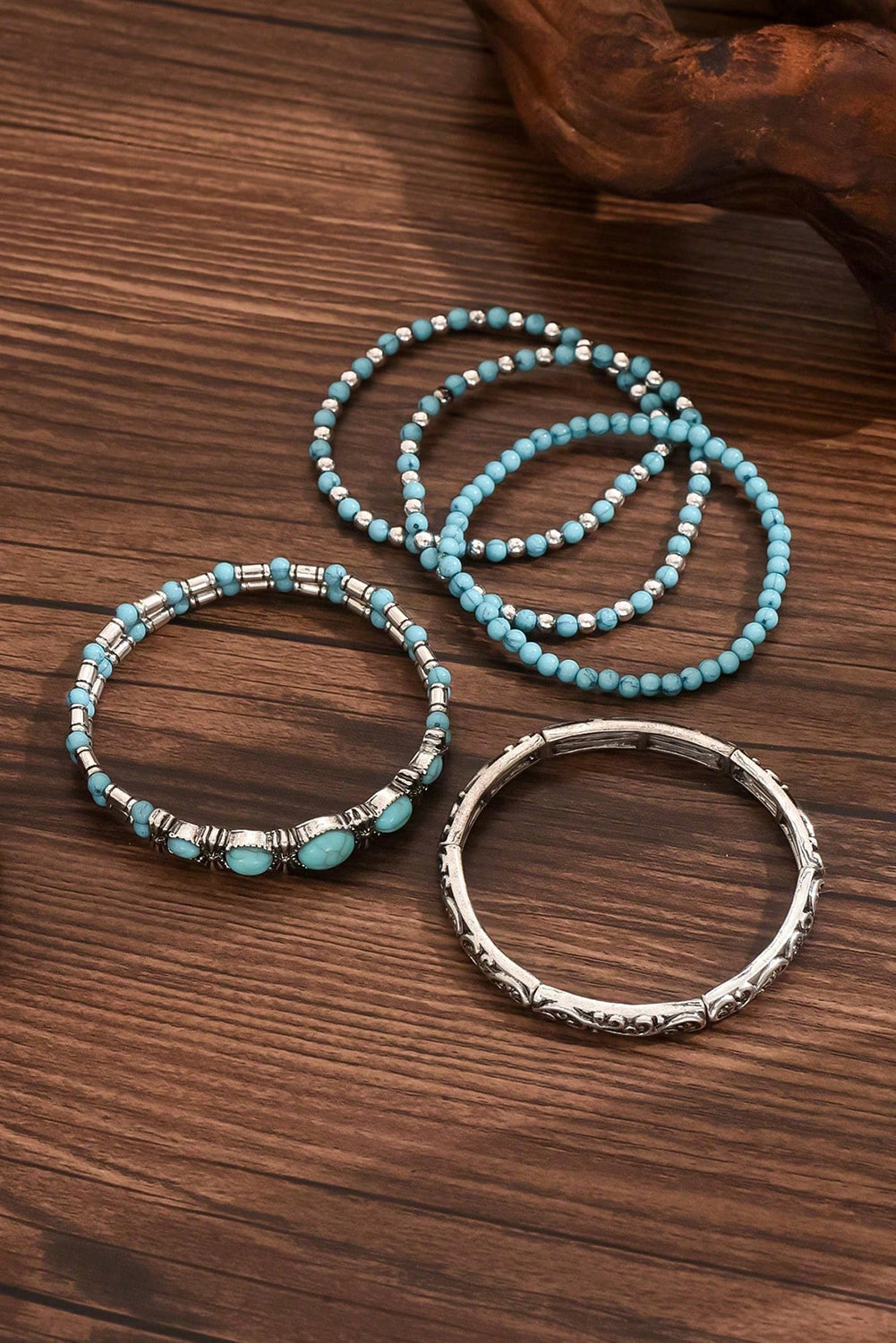 Western Turquoise Beaded Silver 5 Piece Layered Bracelet