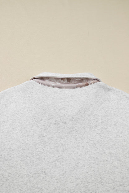 Plus Size Gray Half Zip Sweatshirt with Camo Leaf Patchwork