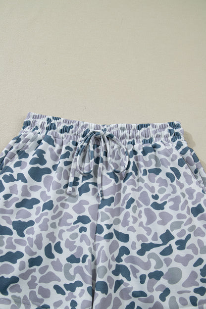 Abstract Print Zip Polo Top and Drawstring Shorts Set