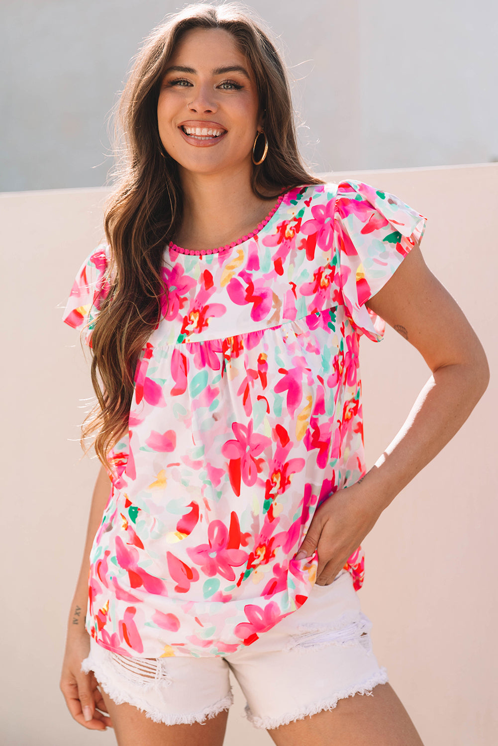 Rose Floral Flutter Sleeve Round Neck Casual Blouse