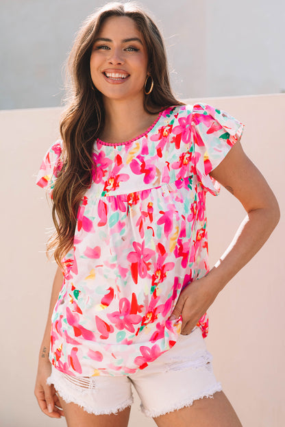 Rose Floral Flutter Sleeve Round Neck Casual Blouse