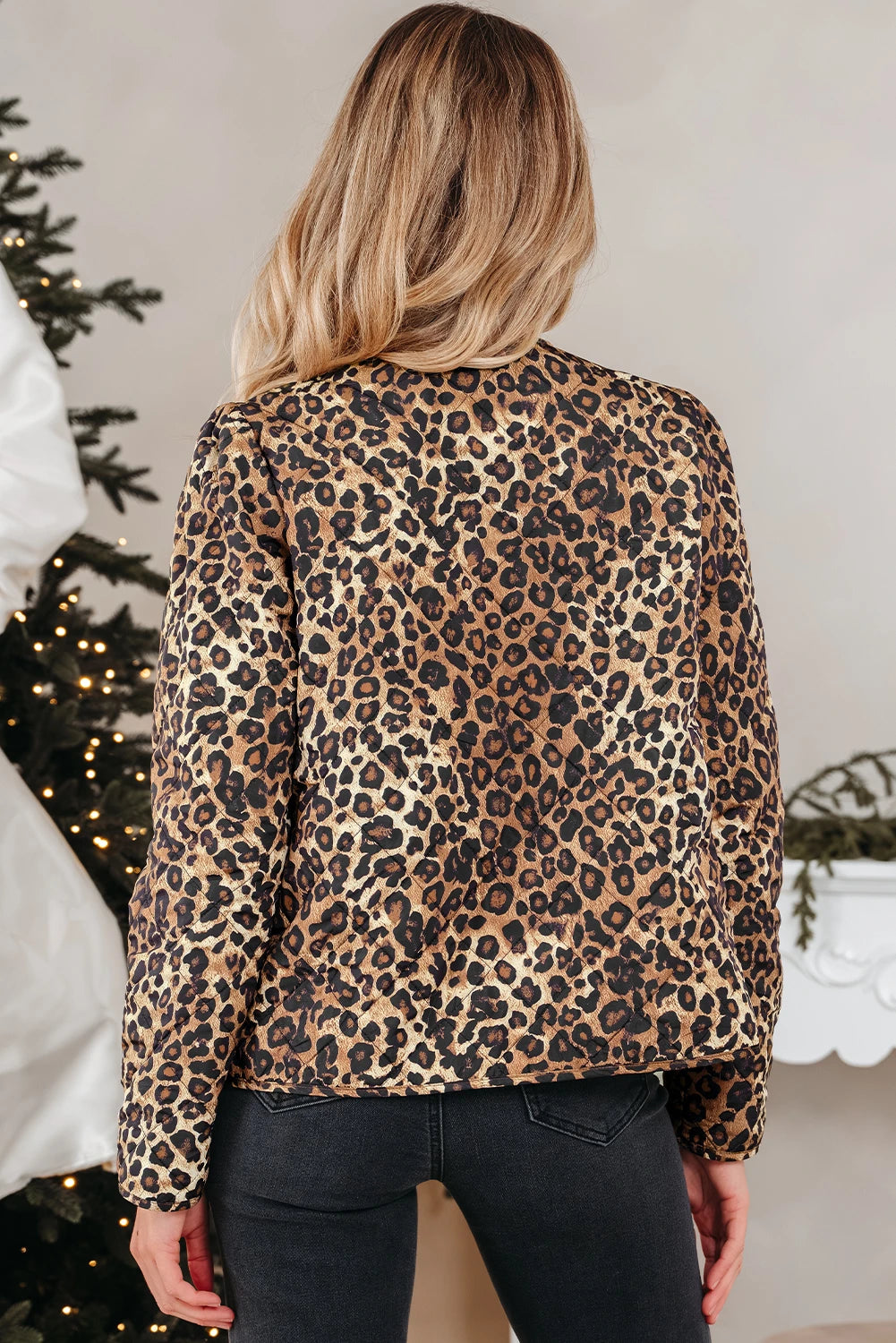 Khaki Leopard Quilted Tie Front Jacket