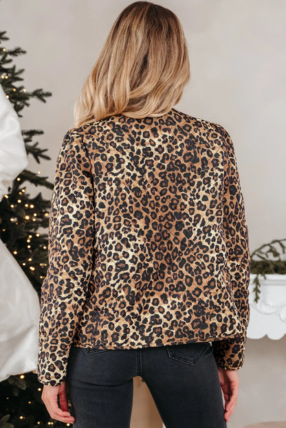 Khaki Leopard Quilted Tie Front Jacket