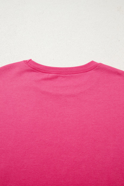 Bright Pink Patchwork Hemline Round Neck Casual Top