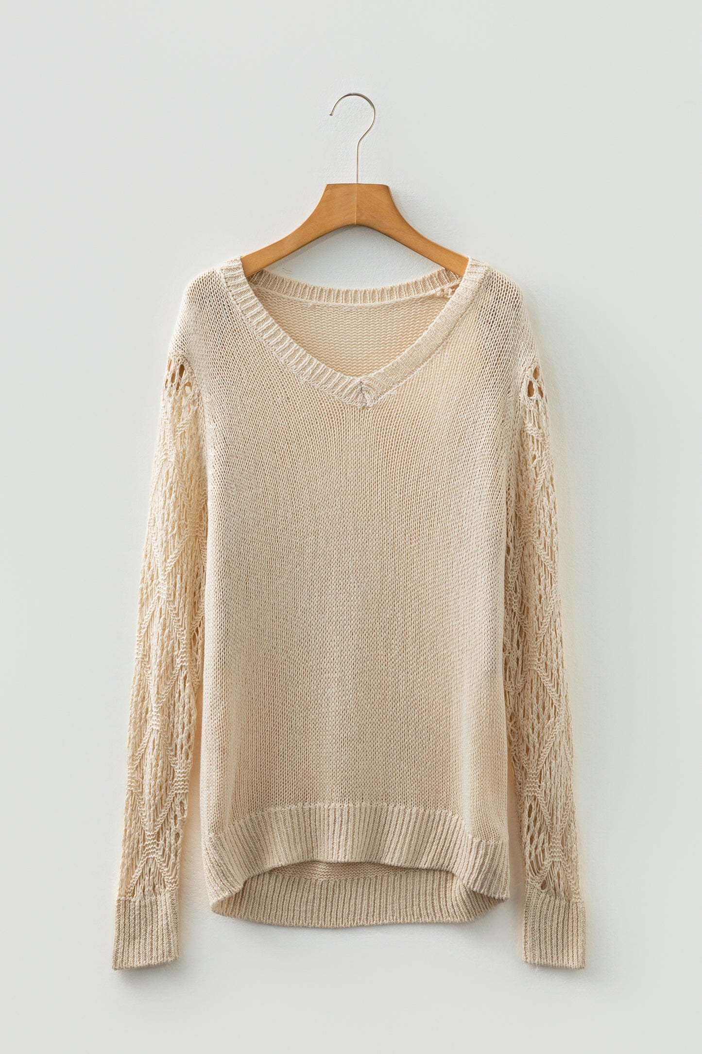 Beau Blue Solid V Neck Pointelle Knit Sleeve Patchwork Sweater