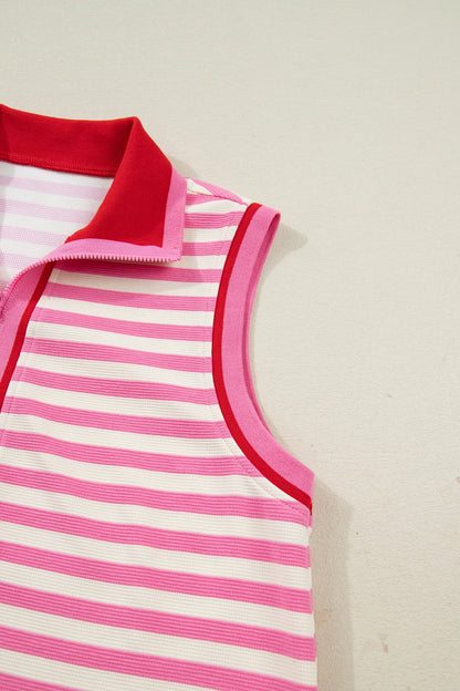 Striped Zip Collar Sleeveless Skort Set Casual Outfit