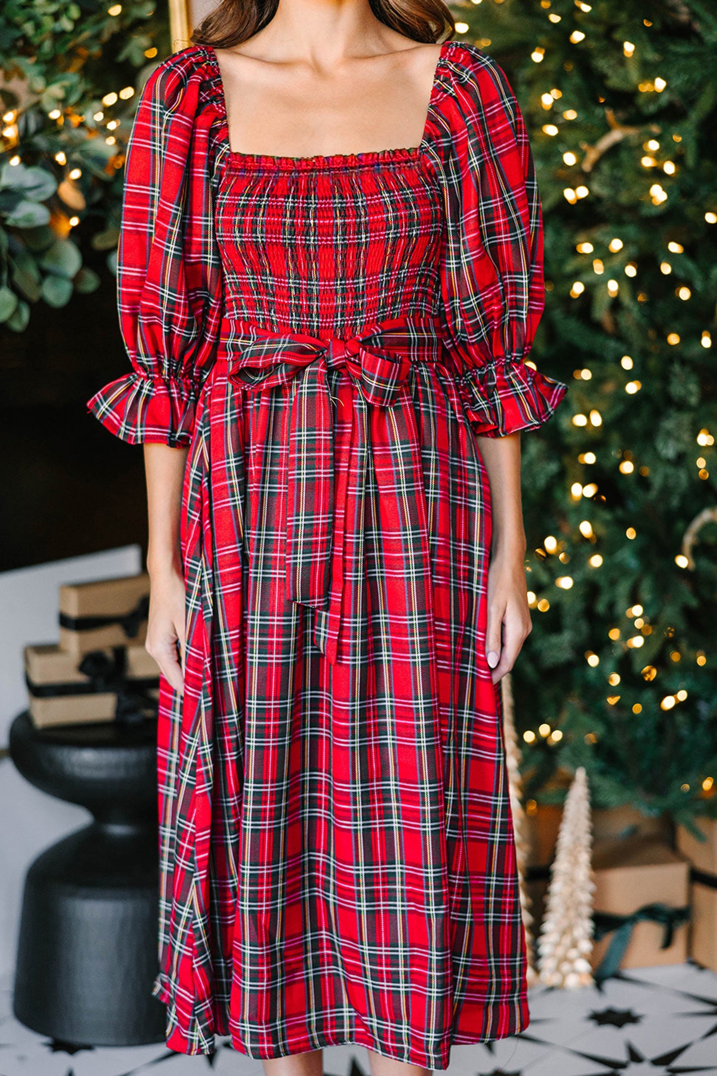 Red Tartan Plaid Puff Sleeve Smocked Waist Christmas Dress