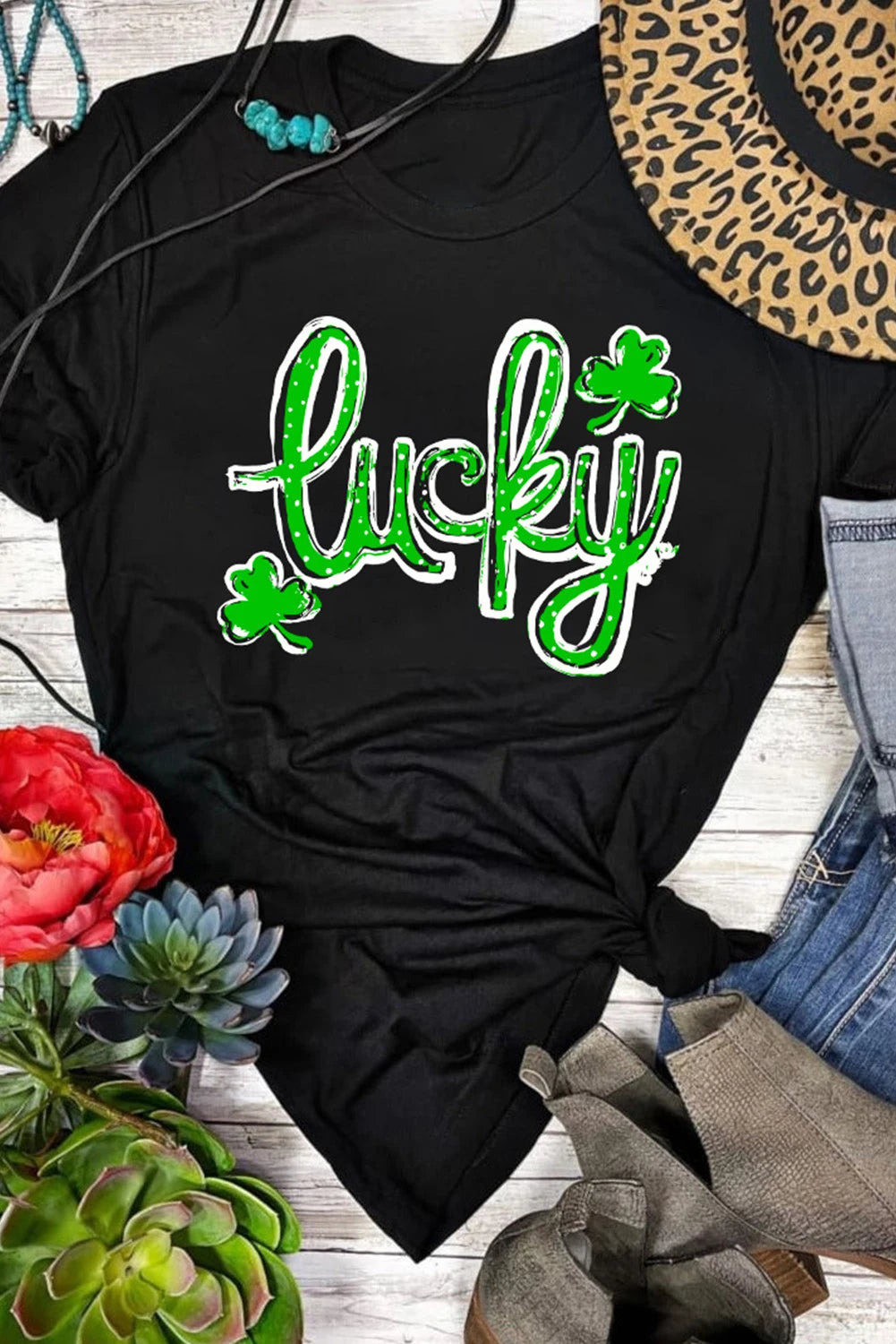 Black Lucky Shamrock Graphic St Patrick’s Day Tee