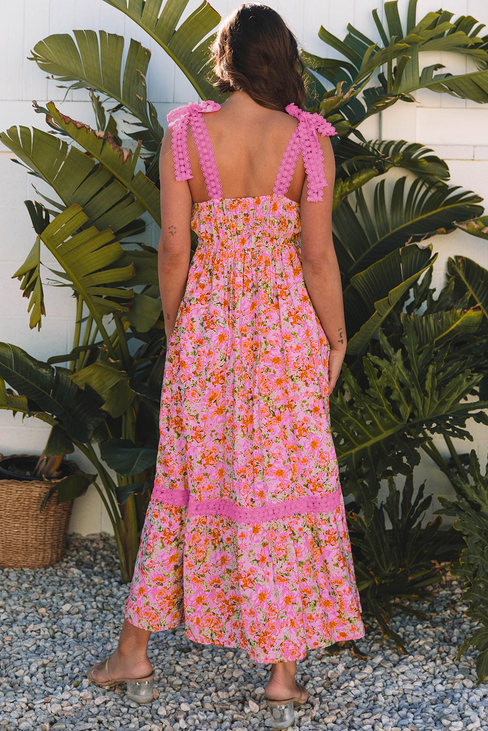 Pink Floral Lace Strap Empire Waist Maxi Dress