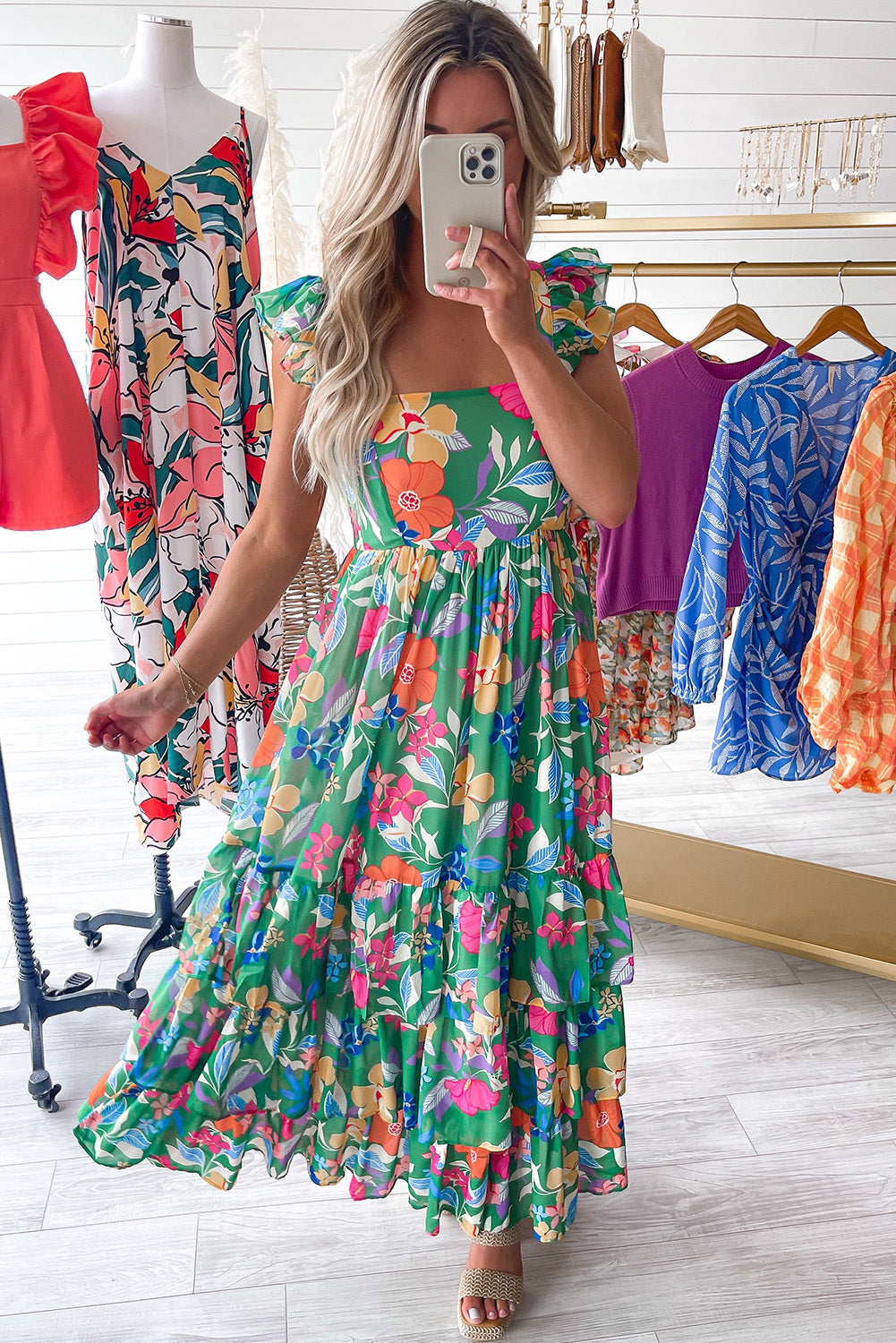 Easter Floral Square Neck Ruffle Strap Maxi Dress