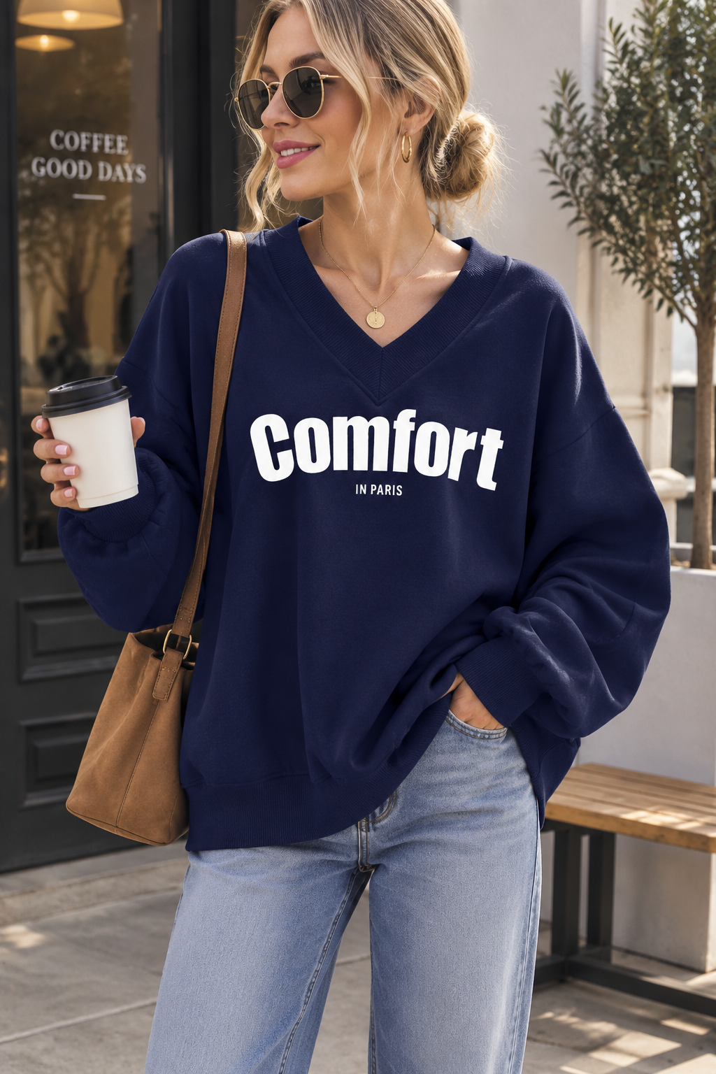 Womens Oversized V Neck Graphic Sweatshirt Bubble Sleeve