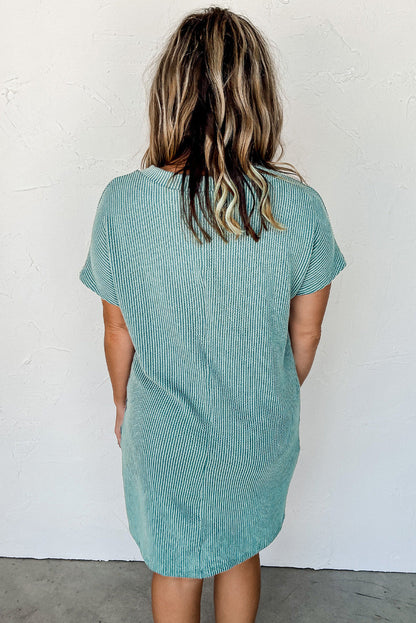 Striped Ribbed Knit Pocket T-Shirt Dress for Women