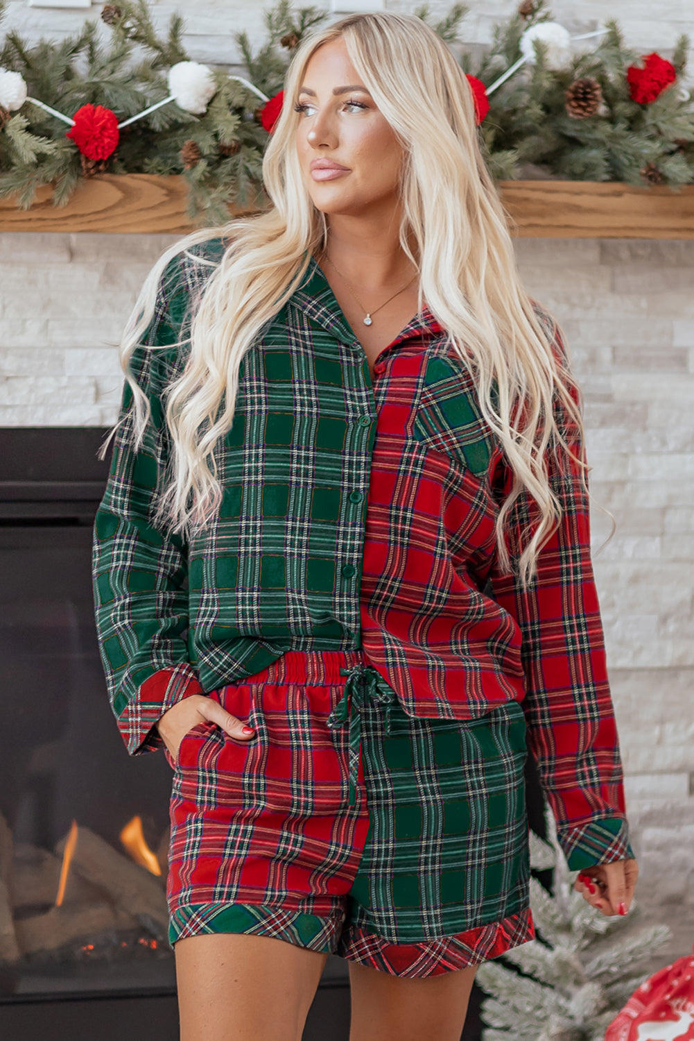 Plaid Pajama Set – Long Sleeve & Shorts