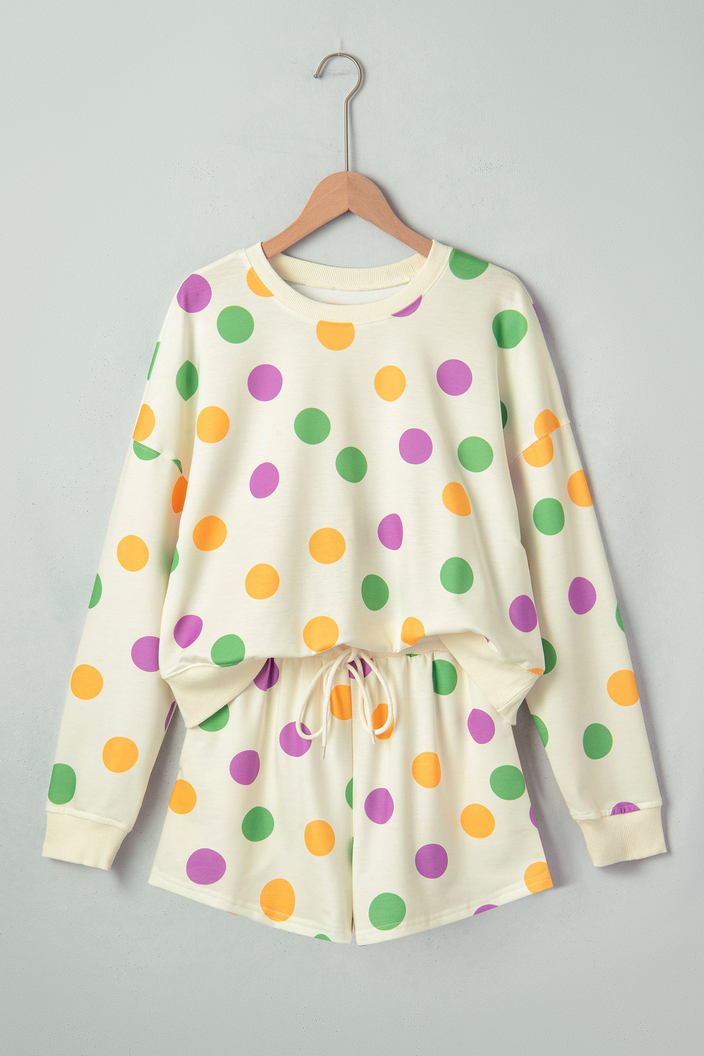 Pink Polka Dot Drop Shoulder Pullover Shorts Set