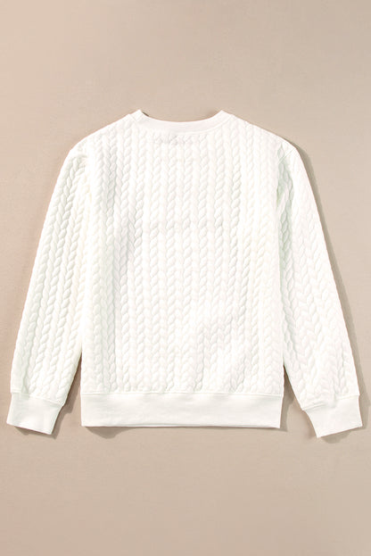 White LUCKY Chenille Embroidered Cable Knit Pullover Sweatshirt