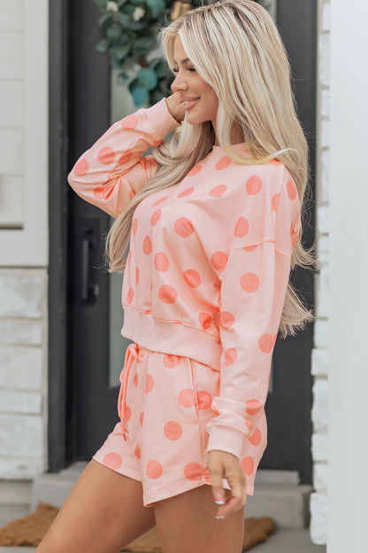 Pink Polka Dot Drop Shoulder Pullover Shorts Set