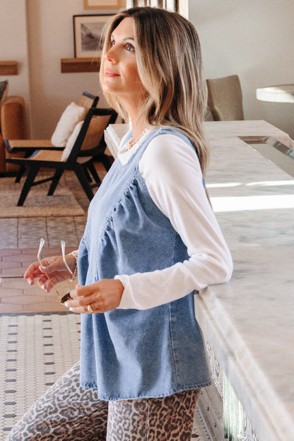 Washed Denim Ruffle Panel Babydoll Sleeveless Top