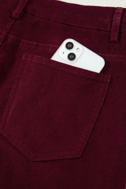 Burgundy Corduroy Solid Color High Waist Wide Leg Pants