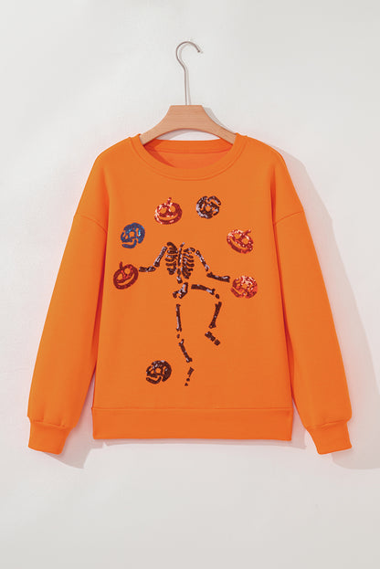 Sequin Skeleton Pumpkin Halloween Crewneck Sweatshirt