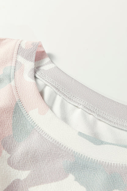 Plus Size Pink Green Camo Drop Shoulder Loose Pullover Top