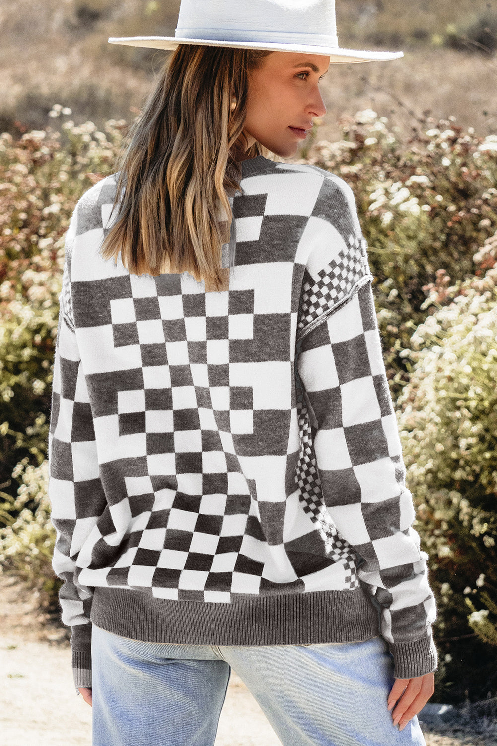 Women’s Brown Checkerboard Drop Shoulder Sweater Top