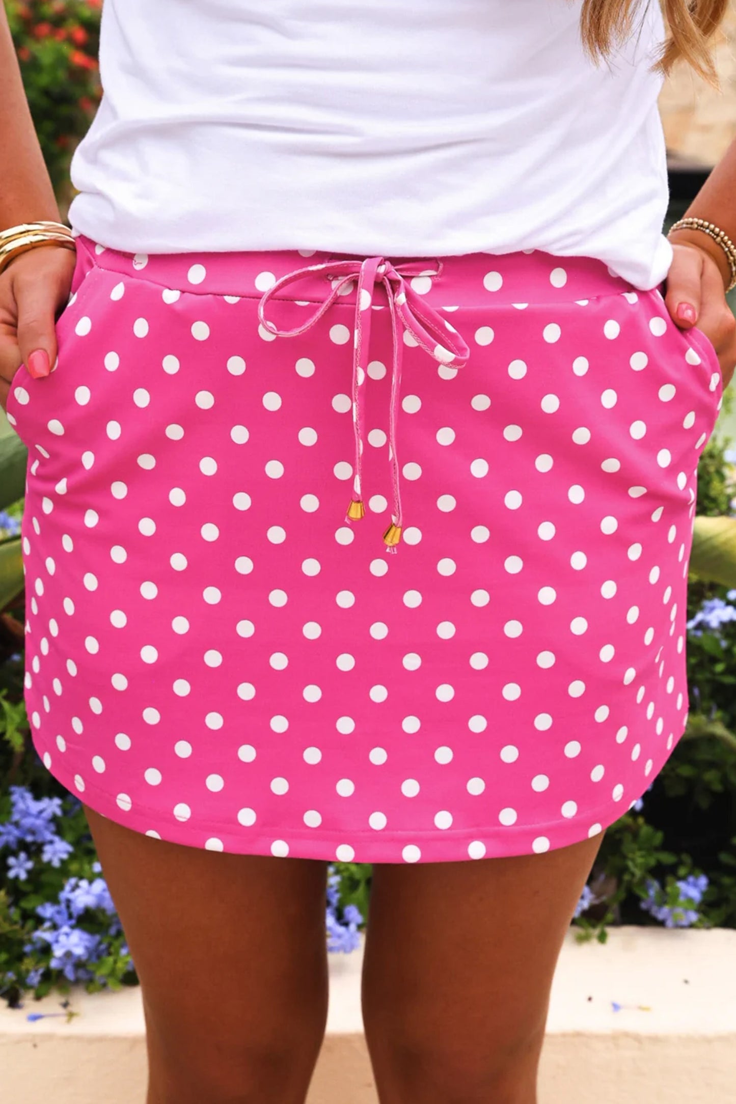 Fiery Red Polka Dot Drawstring Pocket Mini Skort Skirt