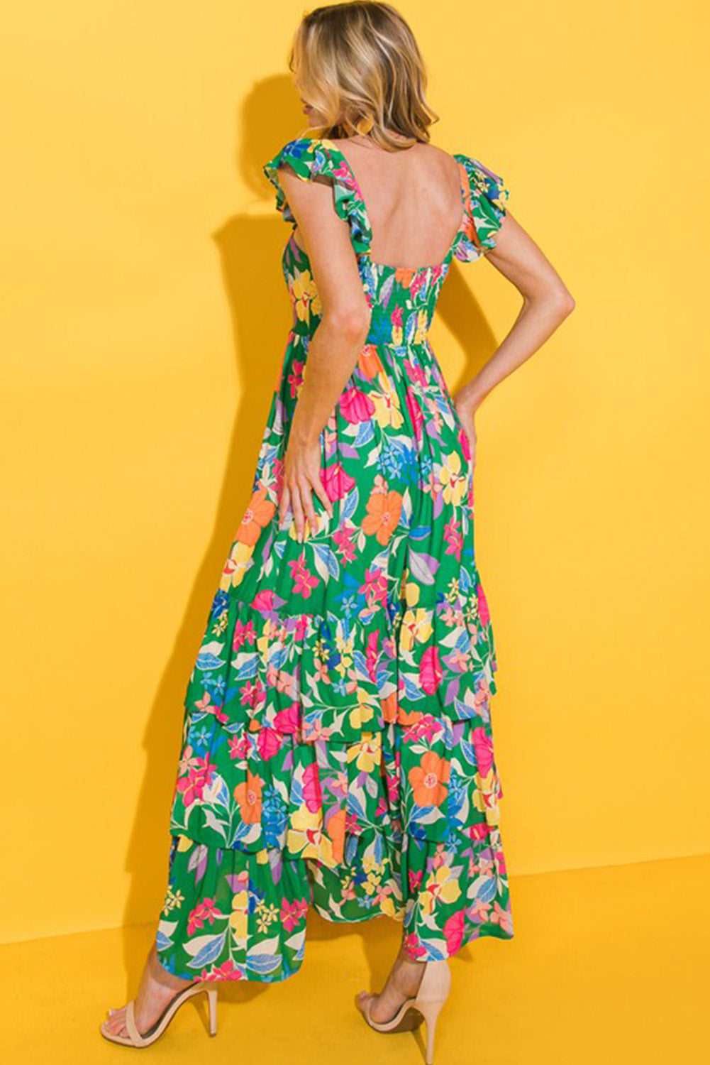 Easter Floral Square Neck Ruffle Strap Maxi Dress