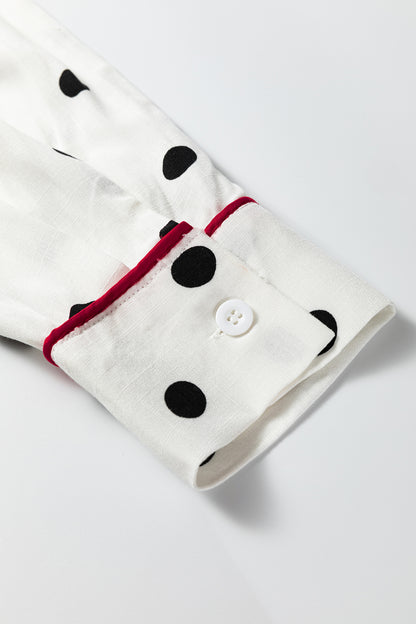 White Polka Dot Contrast Trim Button Up Blouse