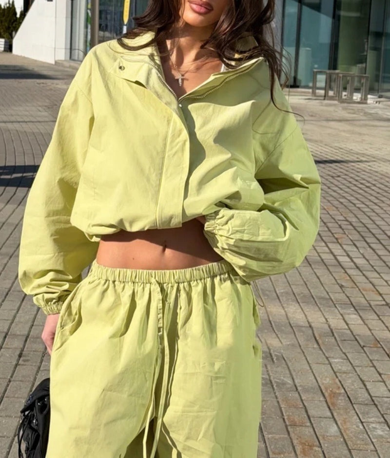Women's Cropped Zip Jacket Wide Leg Pants Matching Set