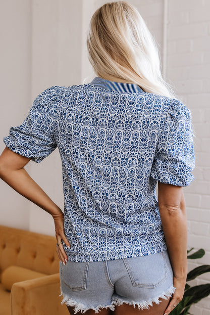 Blue Floral Contrast Puff Sleeve Notch Neck Top