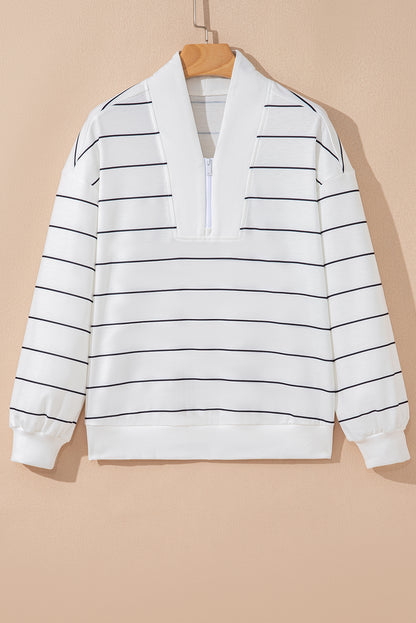 White Striped Zip V Neck Drop Shoulder Long Sleeve Top