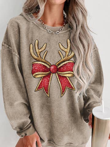 Christmas Reindeer Bow Graphic Corded Knit Sweatshirt