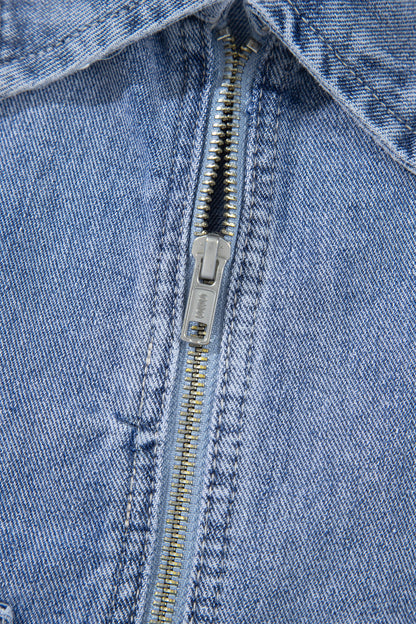 Pearl Studded Oversized Denim Zip Front Jacket