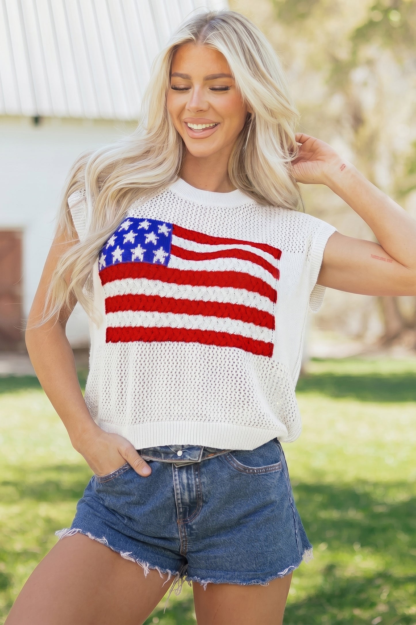 Blue American Flag Knit Short Sleeve Sweater Top